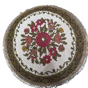 Vintage 10.5” Round Belgian Floral Needlepoint Dollhouse Doll Rug Gold Metallic